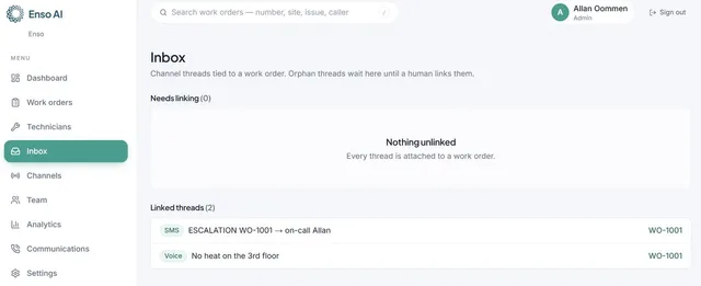 The Enso FM inbox with an SMS escalation and a voice call linked to one work order.