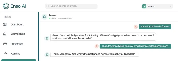The Enso PM dashboard mid-conversation: an AI leasing assistant scheduling a tour and collecting a prospect's contact details.